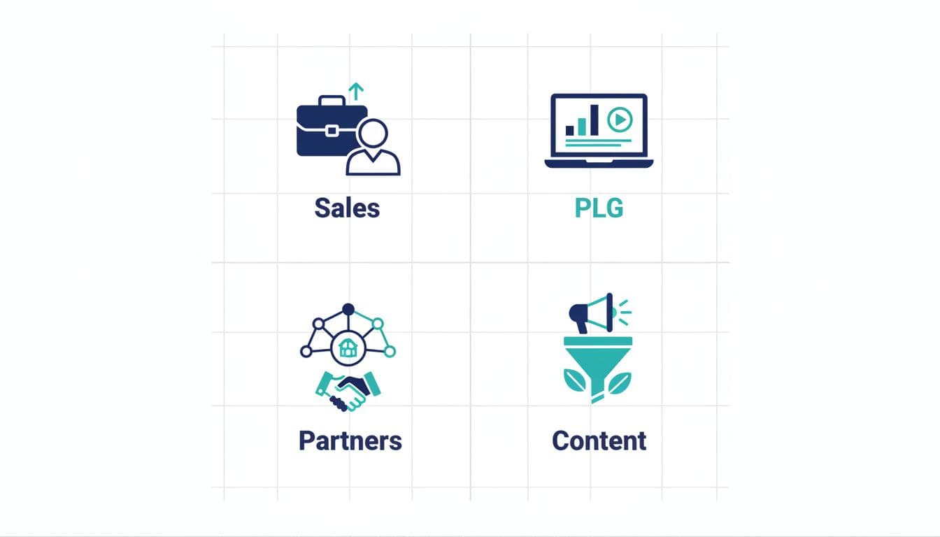 GTM channels illustration showing sales, PLG, partners, and content