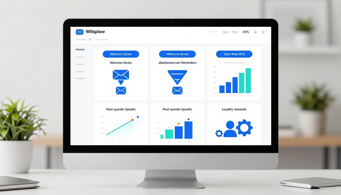 Clean vector illustration of an email automation dashboard on a laptop screen, displaying customer stages like welcome series and abandoned cart reminders, with charts for open rates, clicks, and conversions in blues, teals, and orange.