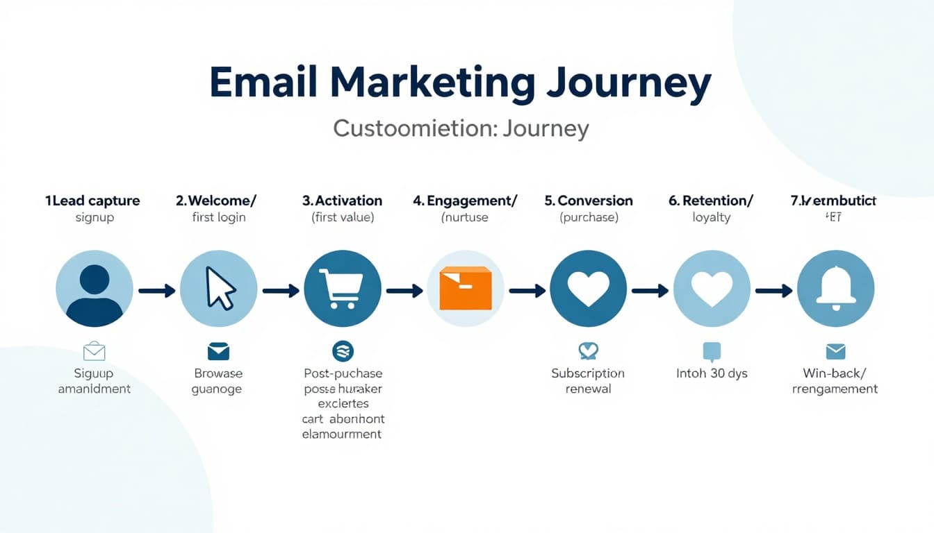 Clean, modern vector-style infographic depicting the 7-stage email marketing customer journey from lead capture to win-back re-engagement, featuring email icons and trigger events.