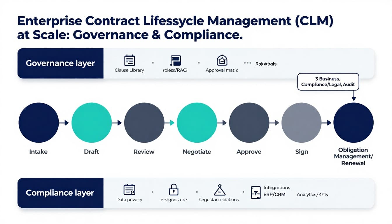 Enterprise Contract Lifecycle Management: Scaling Governance and Compliance 2 Enterprise CLM lifecycle governance and compliance infographic