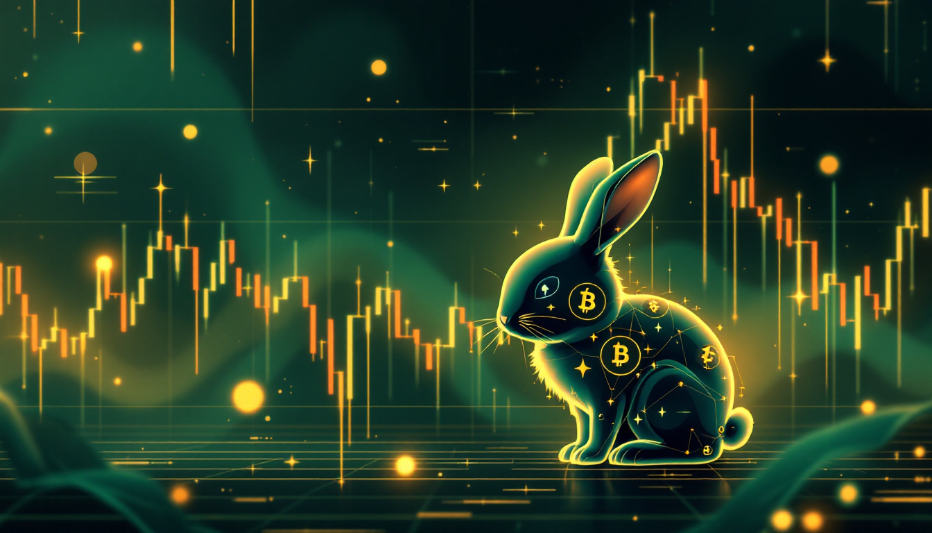 Futuristic, minimalist abstract illustration of a bunny with ETH and BTC symbols rising and falling along a market graph. Gold and green color scheme, digital lines, sleek and visually appealing. Image created with AI.
