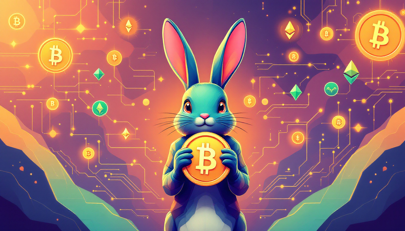 Futuristic illustration of a bunny holding Bitcoin and Ethereum coins, surrounded by abstract blockchain graphics in gold and green. Image created with AI.