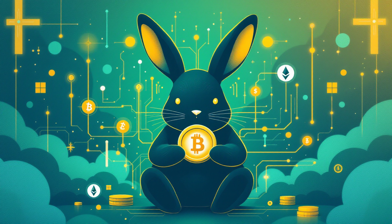 Futuristic, minimalist abstract illustration of a bunny holding both ETH and BTC coins, with market trendlines showing competition. Gold and green color scheme. Image created with AI.