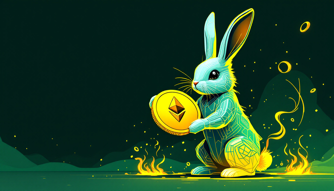 Abstract, futuristic illustration of a bunny holding an Ethereum coin amid burning transaction fee effects, with cryptocurrency deflationary supply motifs and blockchain-inspired elements. Colors: gold and green. Image created with AI.