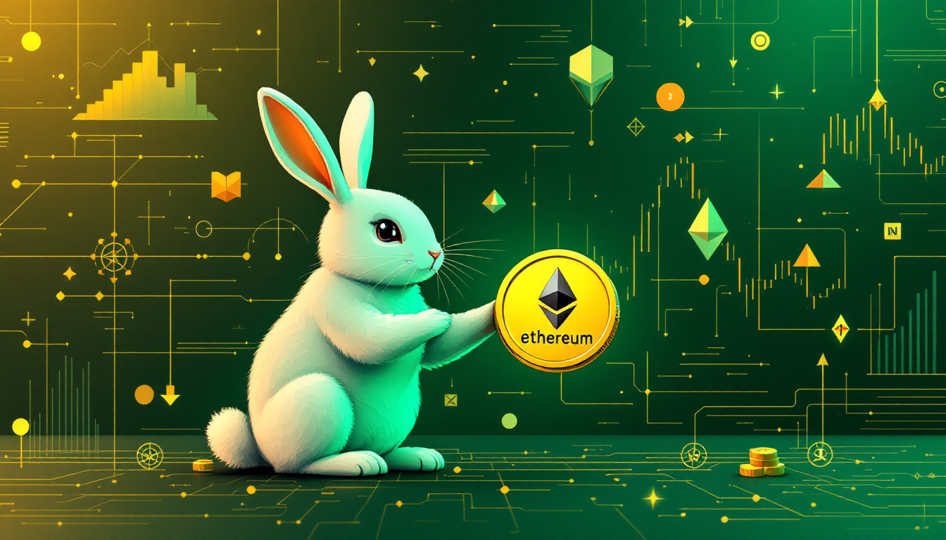Futuristic illustration of a bunny representing Ethereum, surrounded by stylized financial inflows, exchange graphs, and blockchain elements in bold gold and green colors. Image created with AI.