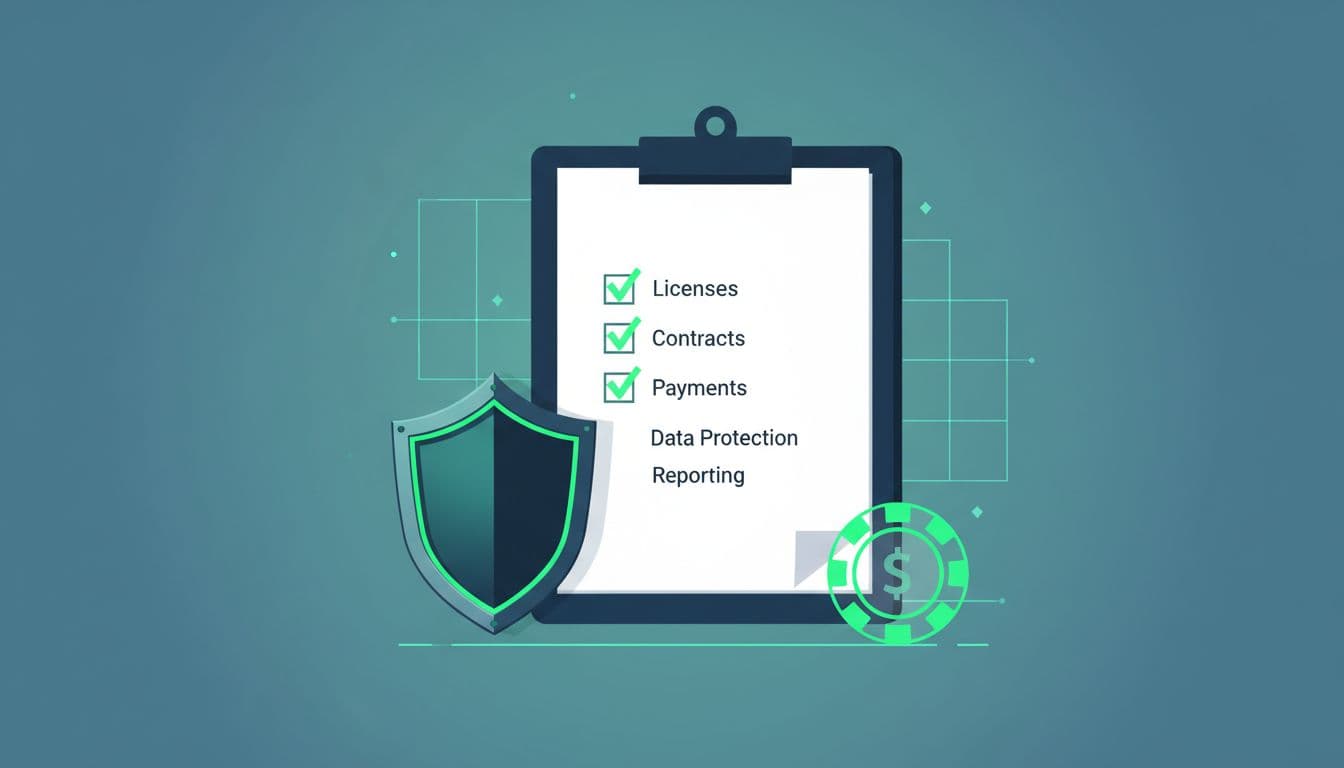 iGaming affiliate program compliance checklist for small operators, red flags in contracts and payments 2 iGaming affiliate program compliance checklist illustration showing a clipboard with checkmarks, shield icon, and casino chip silhouette
