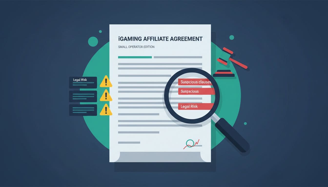 iGaming affiliate program compliance checklist for small operators, red flags in contracts and payments 3 iGaming affiliate program compliance checklist illustration showing magnifying glass over a contract with warnings and gavel