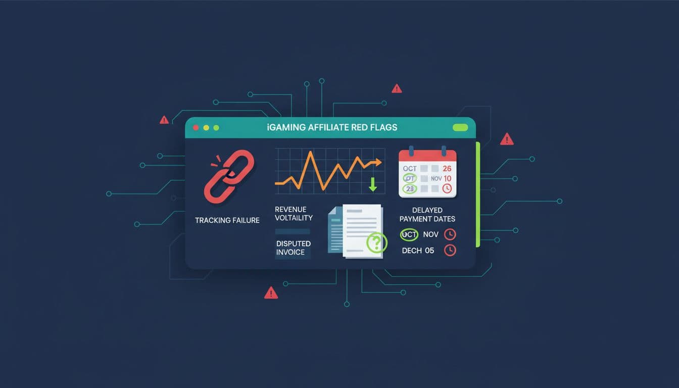 iGaming affiliate program compliance checklist for small operators, red flags in contracts and payments 4 iGaming affiliate program compliance checklist illustration showing broken tracking link, fluctuating graph, questionable invoice, and delayed calendar
