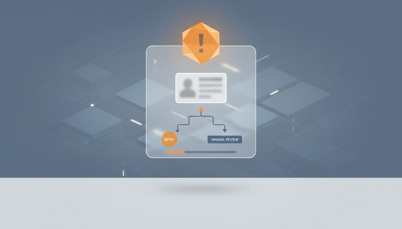 iGaming age verification interface showing a failure warning, blurred ID placeholder, and branching options for retry or manual review