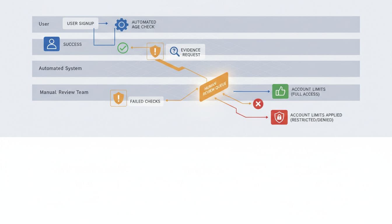 Manual review fallback workflow diagram for iGaming age verification from signup to approve or deny and account limits