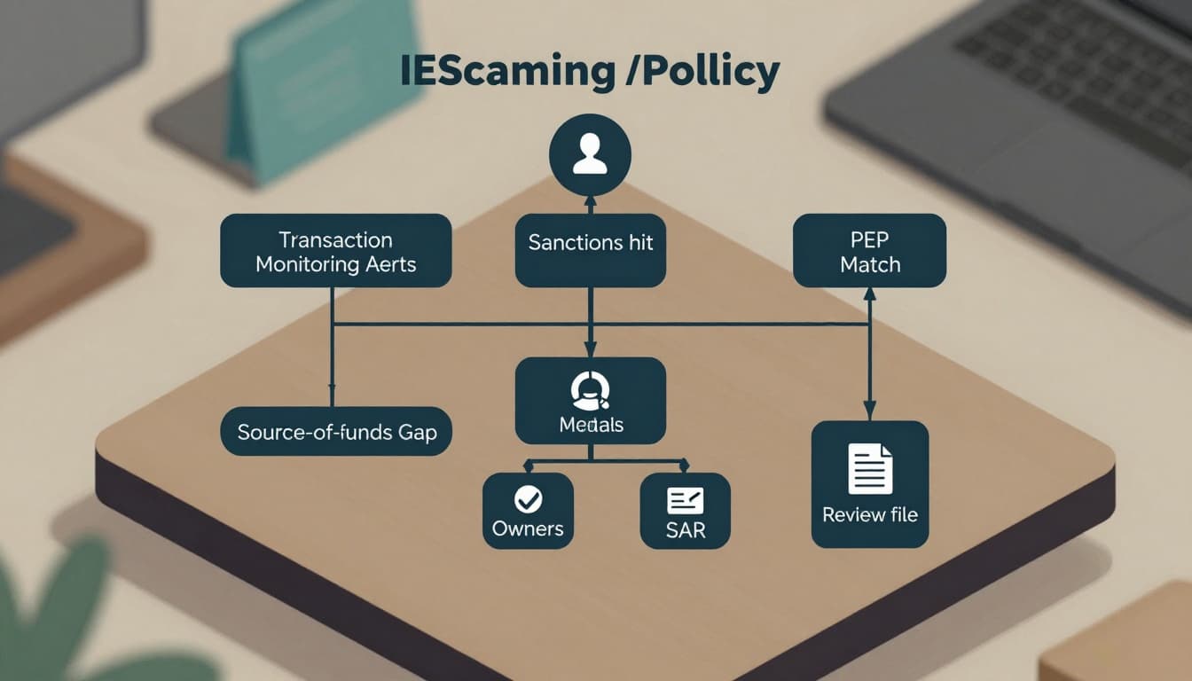 iGaming AML escalation policy decision tree illustration with triggers leading to escalation levels and outcomes