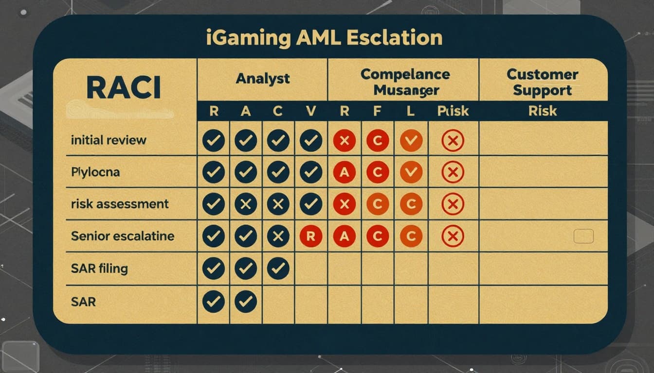 iGaming AML escalation policy RACI matrix illustration showing roles and responsibilities