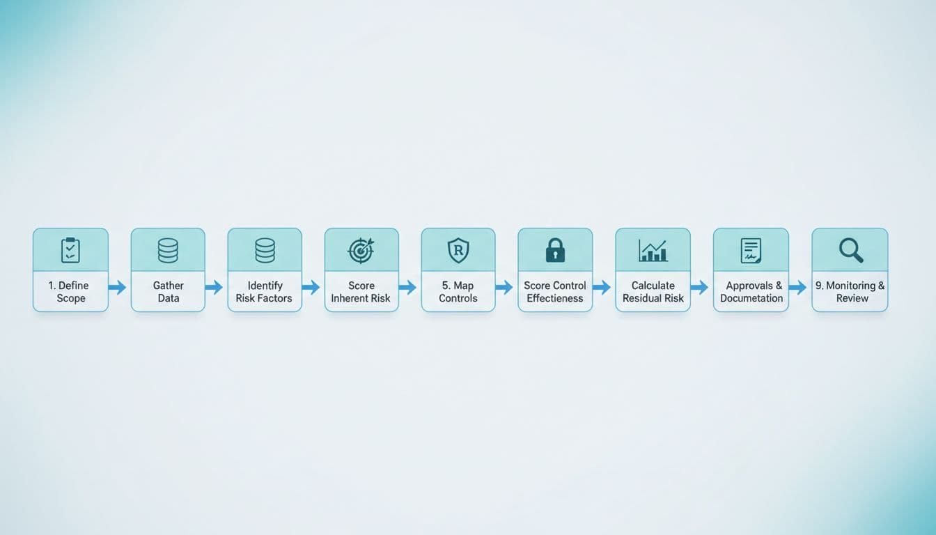 iGaming AML risk assessment workflow diagram showing nine steps from scope to monitoring