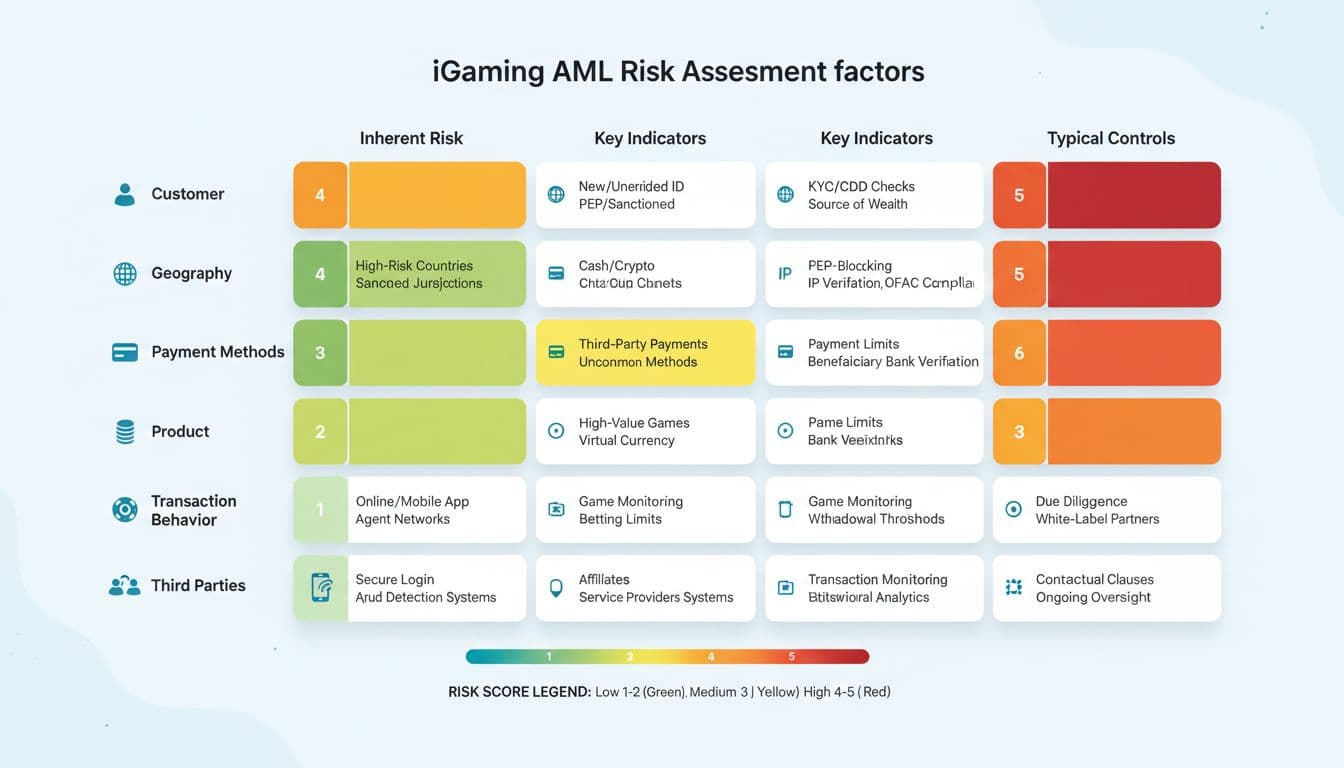 iGaming AML risk assessment risk factors comparison matrix heatmap with 1 to 5 scoring