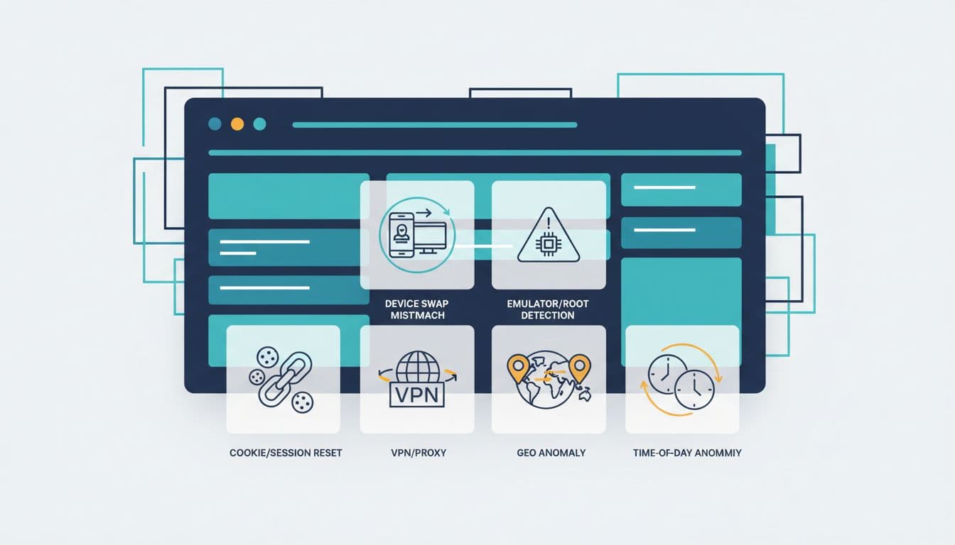 Clean, modern flat vector illustration with subtle 3D depth showing a dashboard panel for iGaming account takeover detection, featuring icons for device fingerprint mismatch, emulator detection, VPN use, geolocation anomaly, session reset, and time-of-day mismatch.