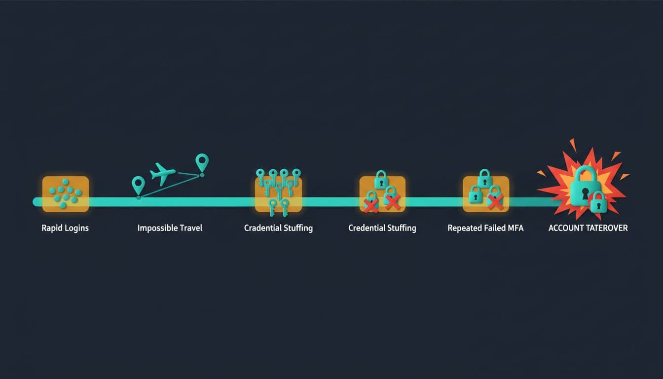 Modern flat vector illustration of a cybersecurity timeline chart depicting login pattern anomalies for account takeover detection in iGaming, including rapid logins, impossible travel, credential stuffing, failed MFA, and takeover burst.
