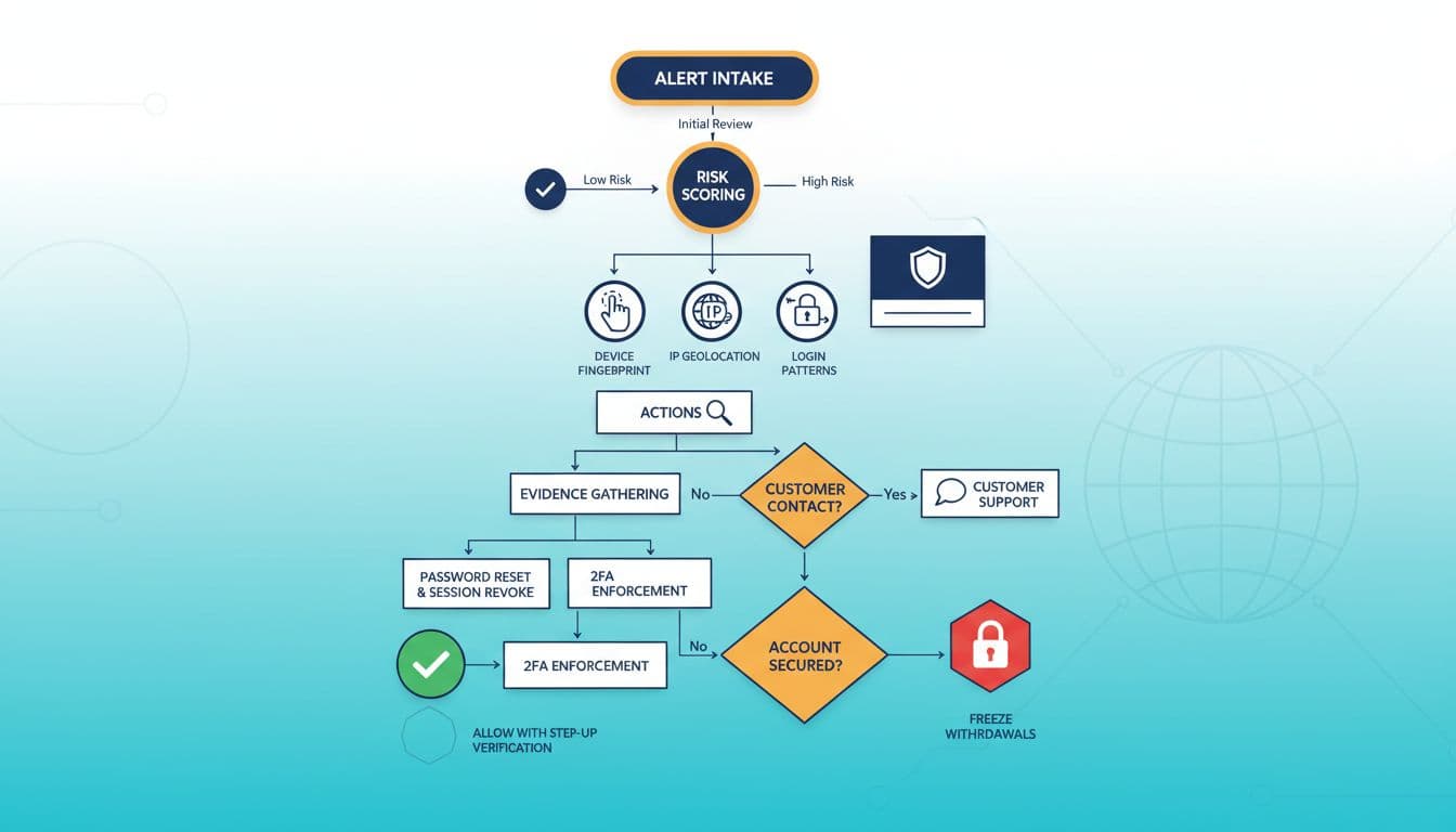 Clean modern cybersecurity illustration in flat vector style depicting a decision-tree flowchart for iGaming Account Takeover (ATO) triage SOP, from alert intake and risk scoring to actions like 2FA enforcement and withdrawal decisions.