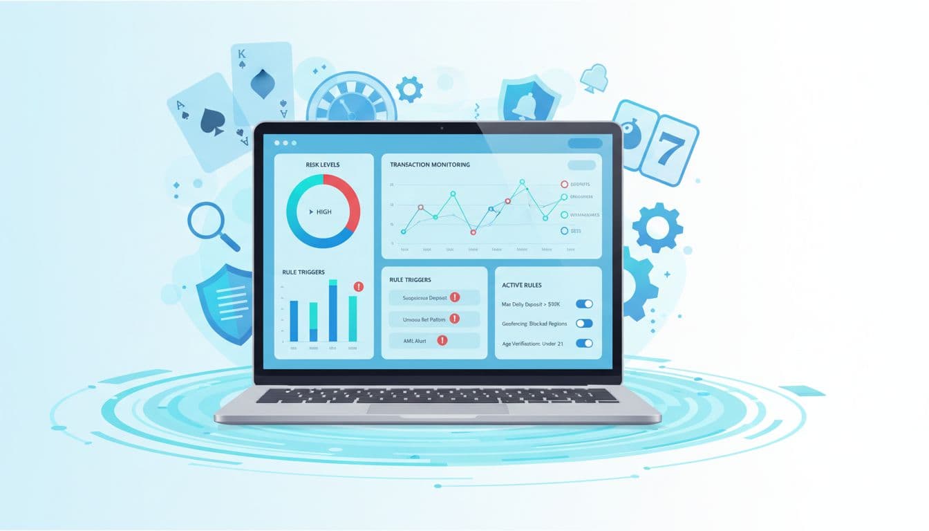 Wide hero illustration of a clean laptop dashboard UI for B2B SaaS in iGaming compliance, showing charts, alerts, transaction monitoring for deposits, bets, and withdrawals, with subtle gaming elements in a professional blue-teal style.