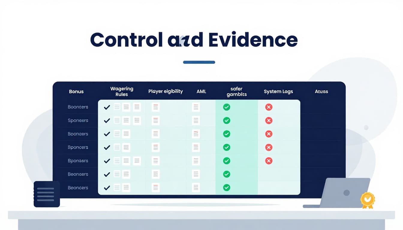 Control and evidence matrix illustration for bonus wagering compliance audit with documents, checkmarks, and status indicators