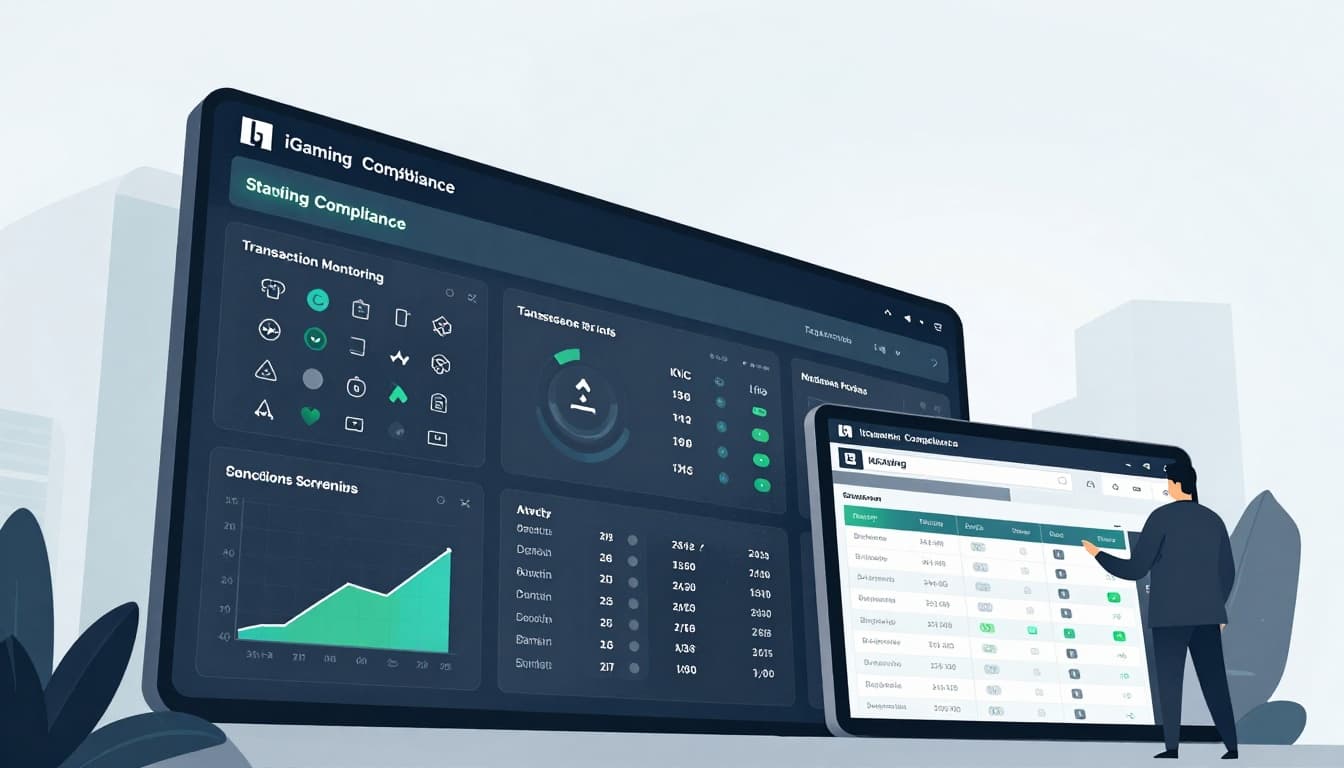 iGaming AML escalation policy dashboard illustration showing compliance monitoring, risk charts, KYC status, sanctions screening, and case timeline