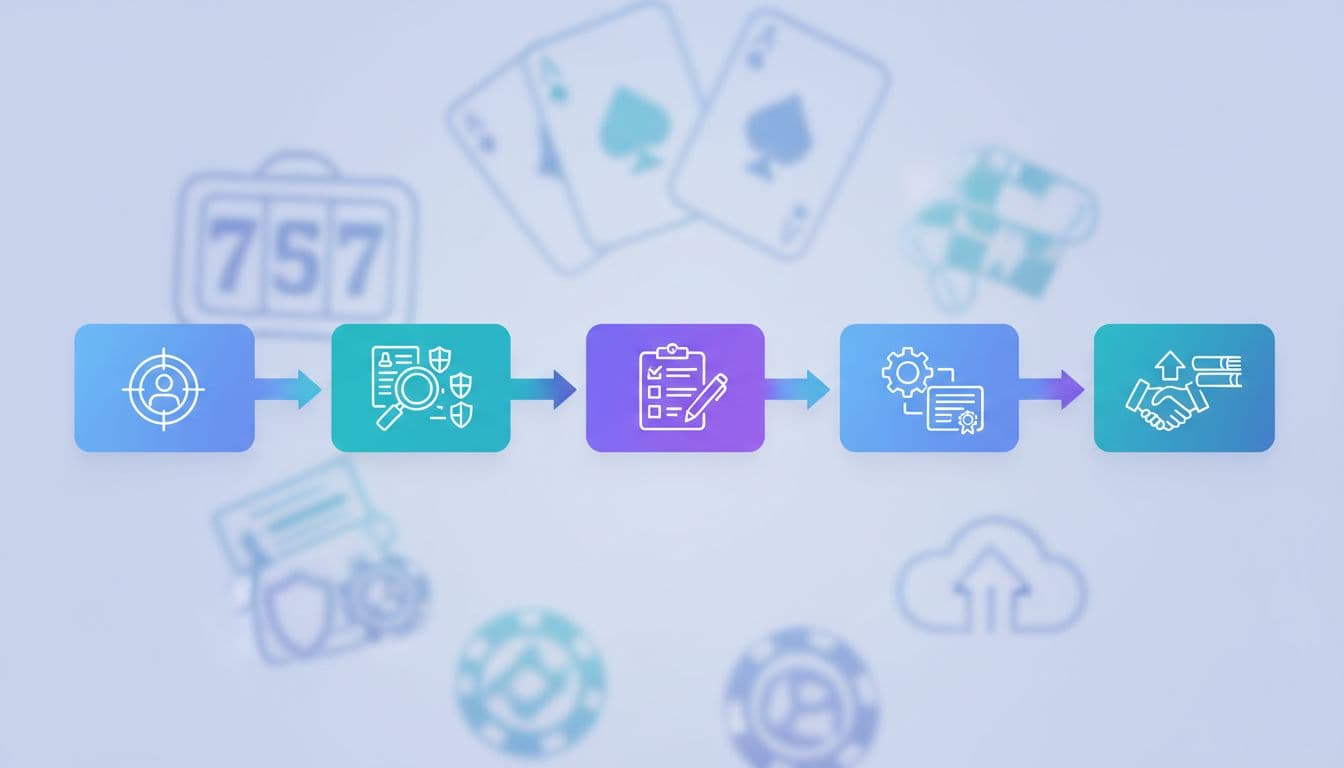 Minimalist flat design illustration of a 5-step linear workflow diagram for creating a compliance officer job description tailored to an iGaming brand, using professional icons connected by arrows in vibrant blues, teals, and purples on a subtle iGaming-themed background.