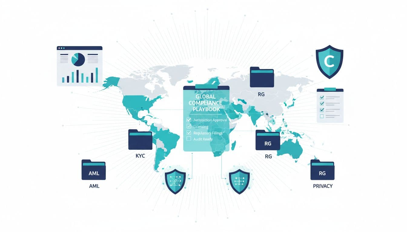 How to build a remote compliance playbook for distributed iGaming teams 2 iGaming compliance playbook illustration showing jurisdiction mapping with a world map, policy folders, and a compliance checklist