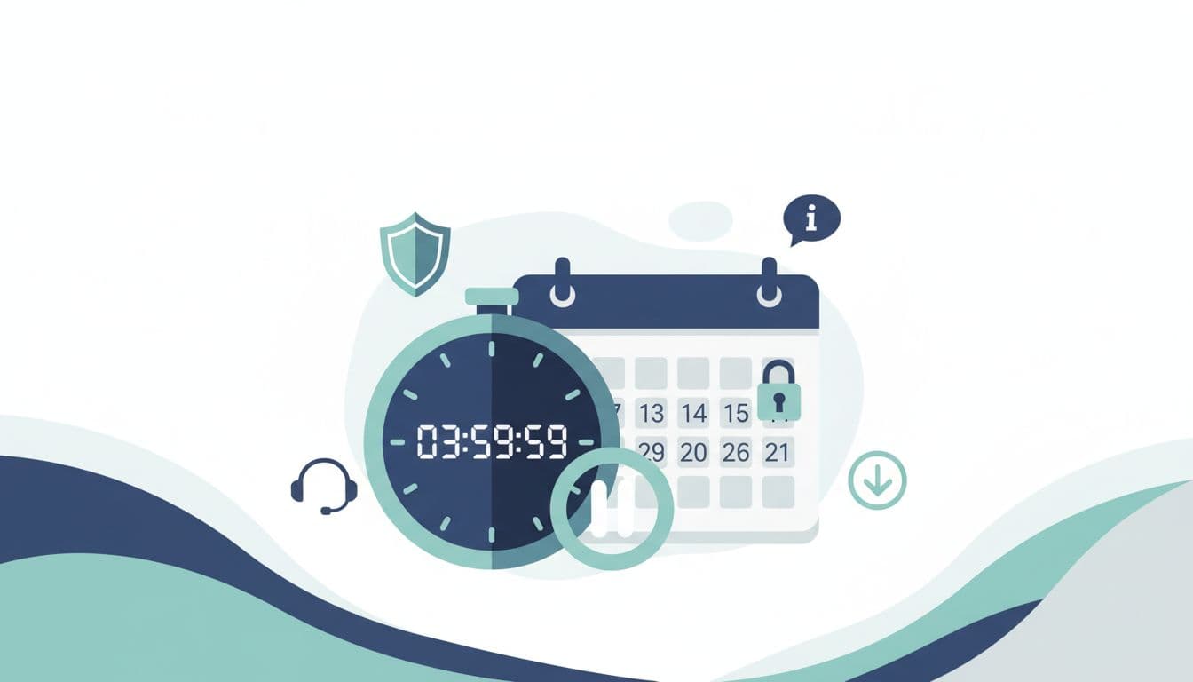 Clean modern vector illustration of a cooling-off period for iGaming limit increase requests, featuring a countdown timer clock, paused calendar, and responsible gaming safeguard icons like shield, info bubble, and support chat.
