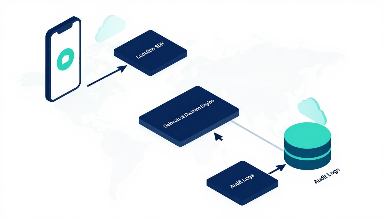 Modern, clean isometric flowchart illustrating iGaming geo-fencing architecture from smartphone via Location SDK, Geolocation Decision Engine, License Rules Service to Audit Logs, with subtle cloud and region map elements.