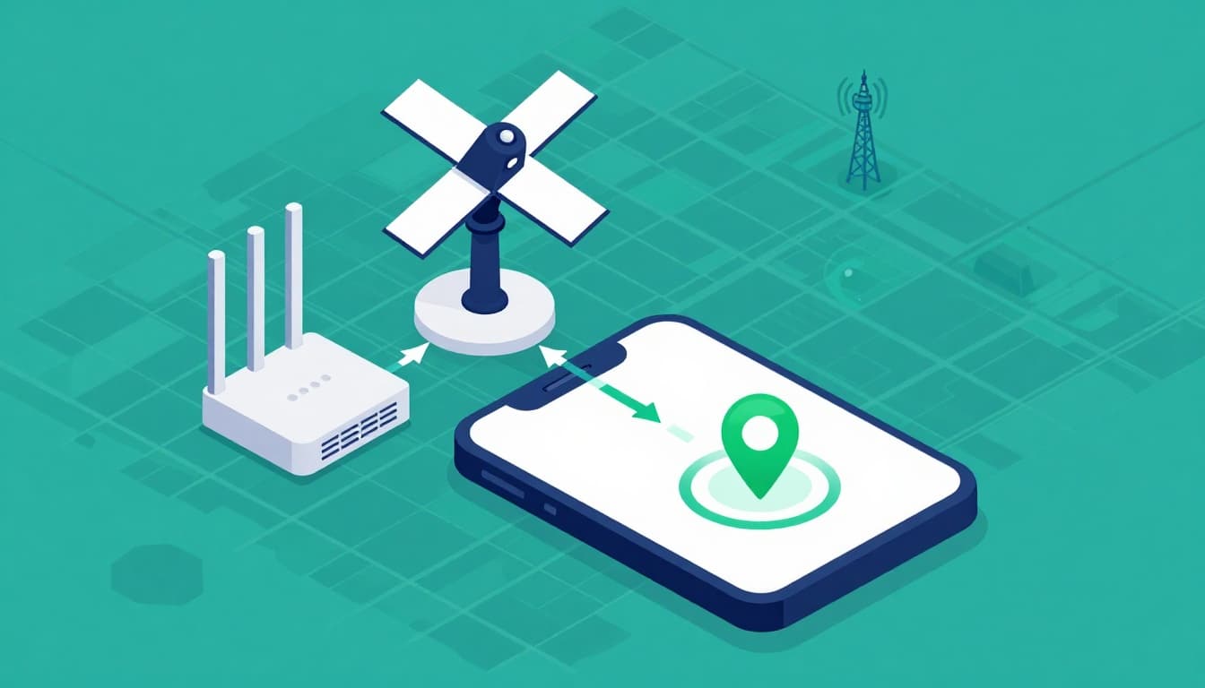 Modern isometric illustration of a smartphone receiving GPS satellite, WiFi router, and cell tower signals converging on screen with verified location icon, over faint city map grid.