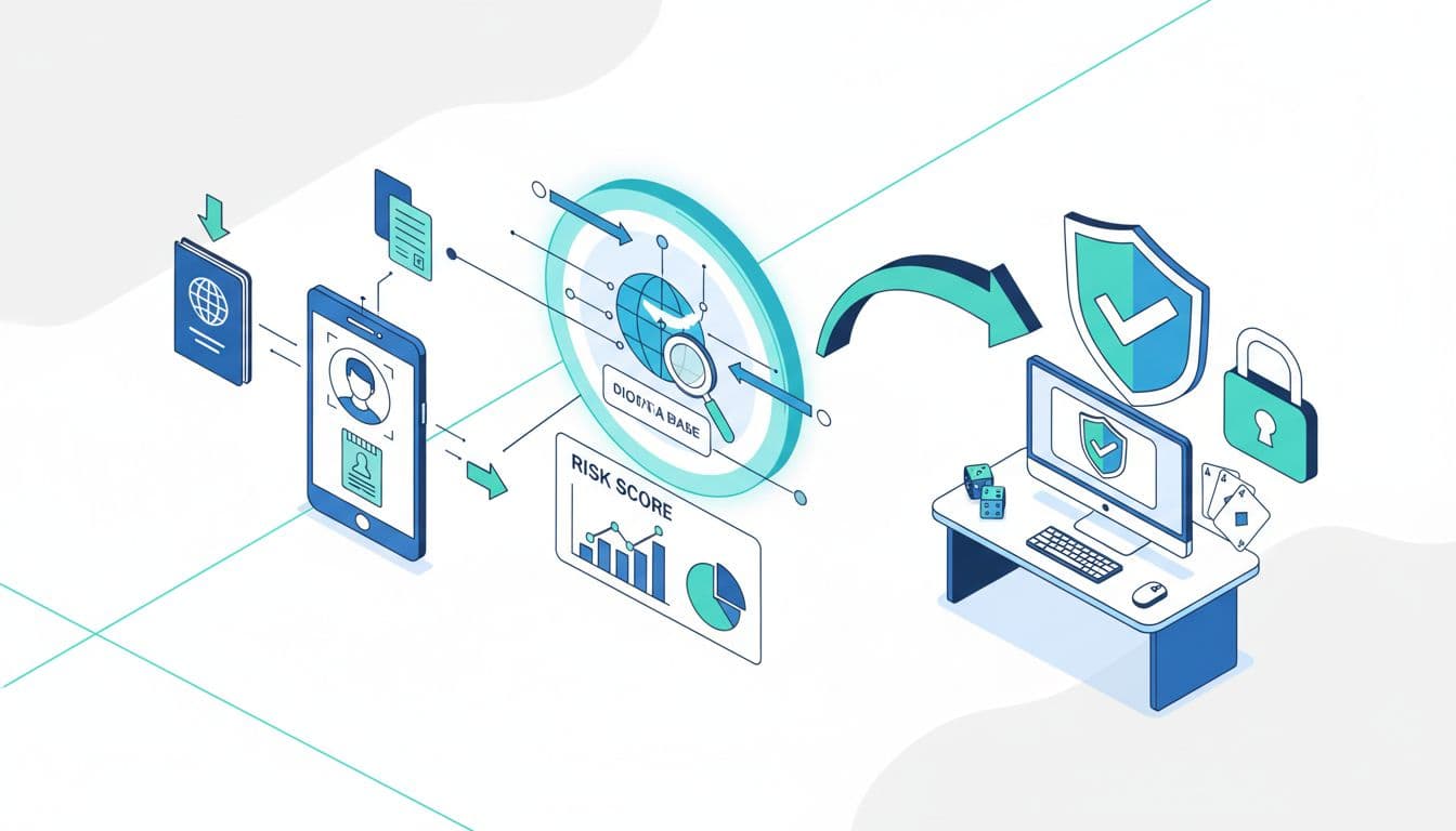 KYC and AML Basics For Small iGaming Operators Without In-House Legal Teams 2 Modern isometric illustration of step-by-step KYC verification for iGaming: device uploads passport, selfie, utility bill; system scans database, computes risk score; ends in approval checkmark on compliance workstation with gaming motifs.