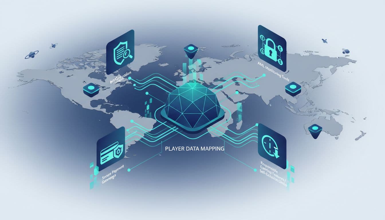 Clean modern vector isometric illustration showing an overview of player data mapping in iGaming, with a world map background featuring glowing regulatory nodes connected by data streams to a central hub surrounded by KYC, AML, payment, and responsible gaming icons.