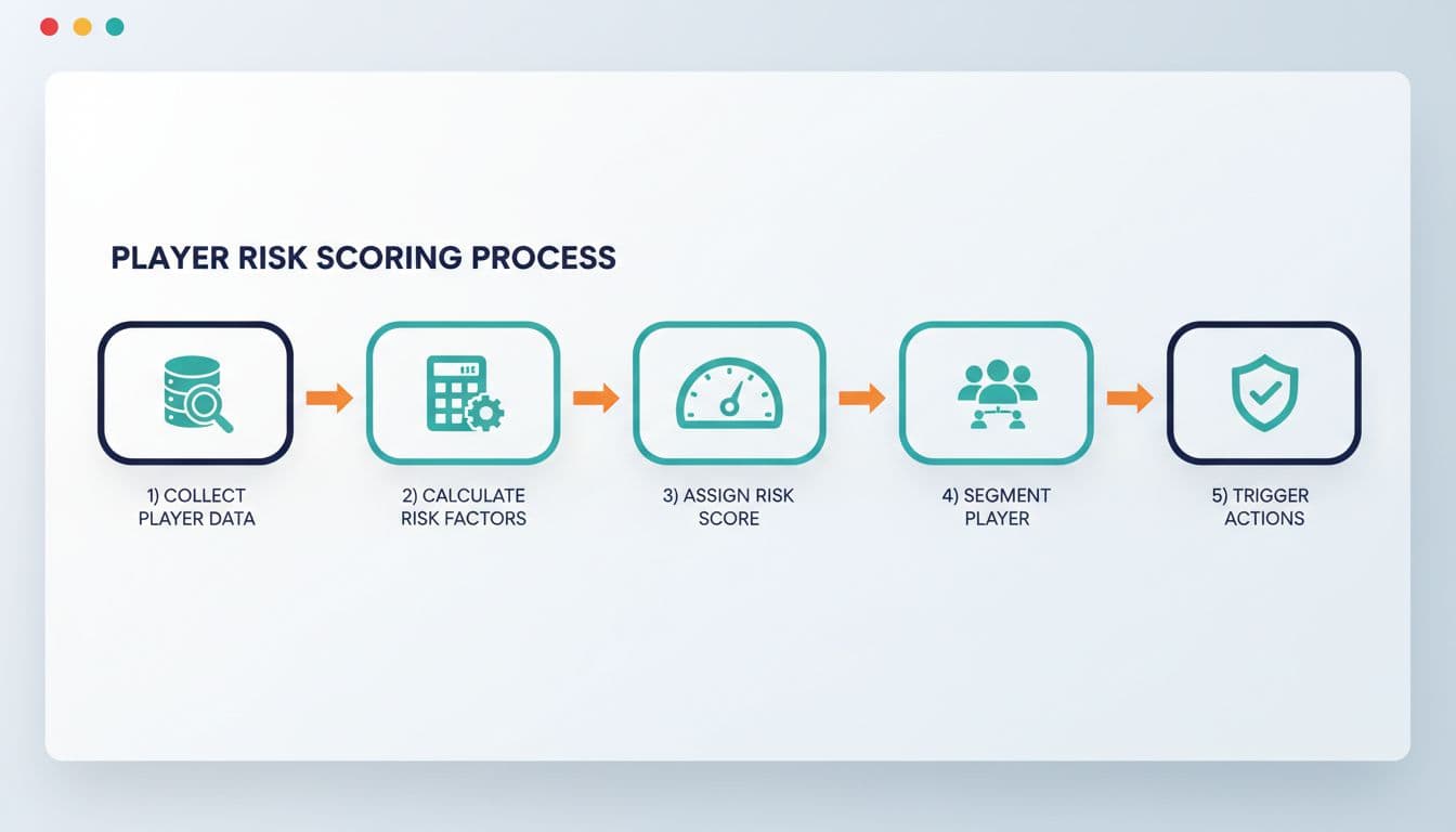 Simple Player Risk Scoring Model for Small iGaming Operators (With Example Matrices) 5 Linear workflow diagram illustrating a simple player risk scoring process for small iGaming operators, featuring steps from data collection to responsible gambling actions with icons and arrows.