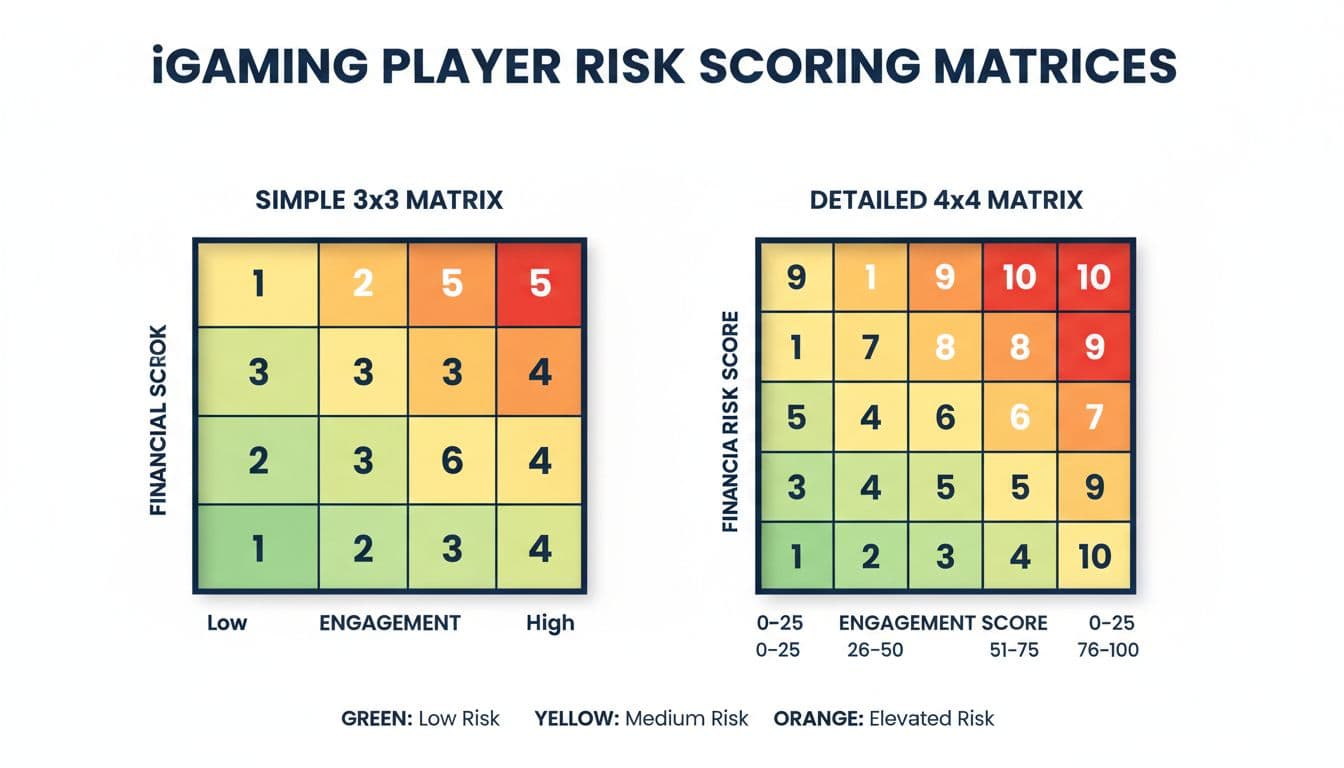 Simple Player Risk Scoring Model for Small iGaming Operators (With Example Matrices) 4 Side-by-side comparison of a simple 3x3 and a detailed 4x4 risk scoring matrix for iGaming players, featuring color-coded grids in green, yellow, and red on engagement and financial risk axes.