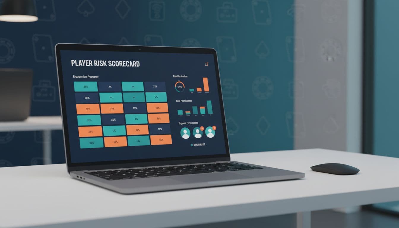 Simple Player Risk Scoring Model for Small iGaming Operators (With Example Matrices) 2 A modern SaaS analytics dashboard on a laptop screen displaying a player risk scoring model for an online gaming platform, with a matrix-style heatmap categorizing low, medium, and high risks, charts, and player segments in a clean, high-tech vector illustration style.