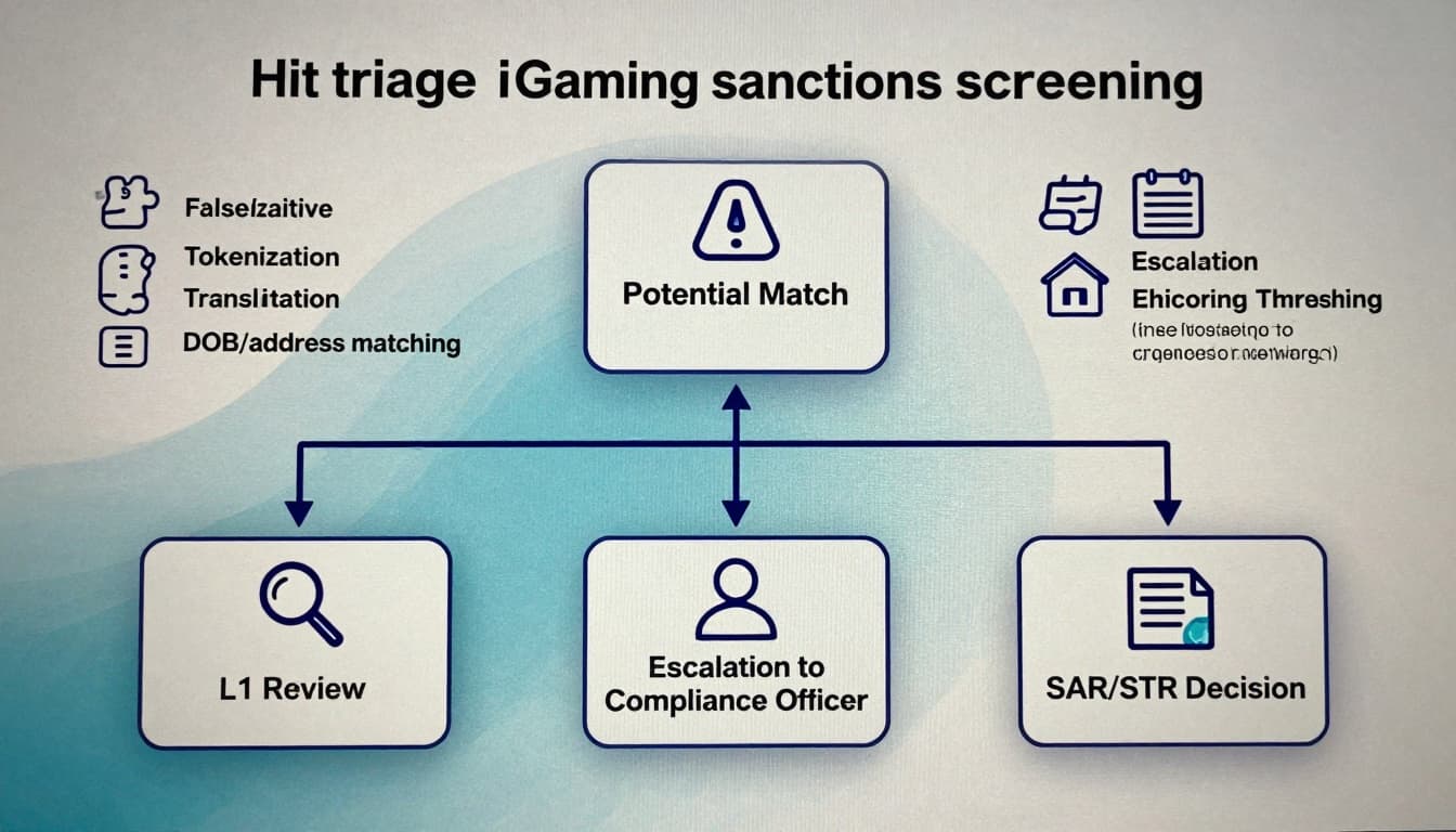 Clean modern SaaS-style vector illustration of a branching decision tree for hit triage in iGaming sanctions screening, from Potential Match to SAR/STR Decision with false positive reduction steps.