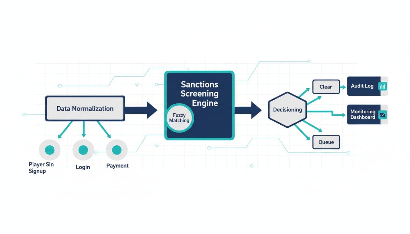 Technical illustration of sanctions screening iGaming architecture showing player events flowing through normalization, screening, fuzzy matching, decisioning outputs, and audit logging