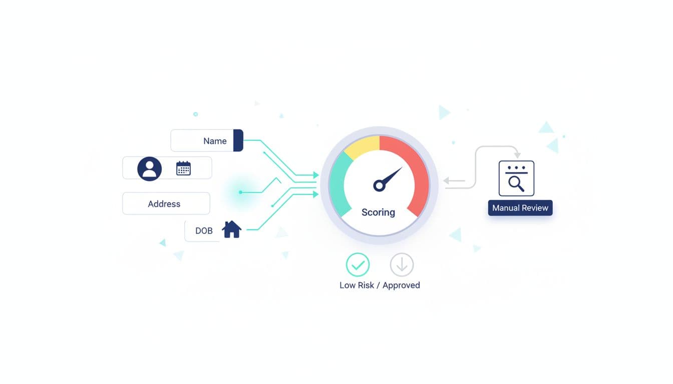 Conceptual graphic of sanctions screening iGaming matching inputs feeding a risk scoring gauge with thresholds and a manual review queue