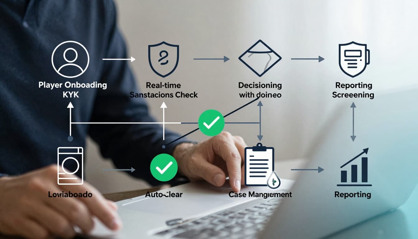 Clean, modern SaaS-style vector flat illustration of the complete iGaming sanctions screening workflow, from player onboarding and KYC to real-time checks, decisioning, case management, and reporting with subtle blue-teal gradients on white background.