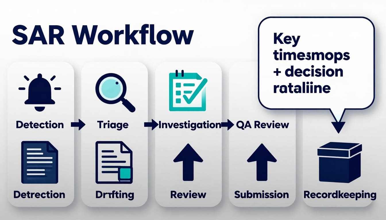 How to Write an iGaming Suspicious Activity Report (SAR) With 3 Complete Example Narratives 2 iGaming suspicious activity report workflow diagram showing detection, triage, investigation, narrative drafting, QA review, submission, and recordkeeping