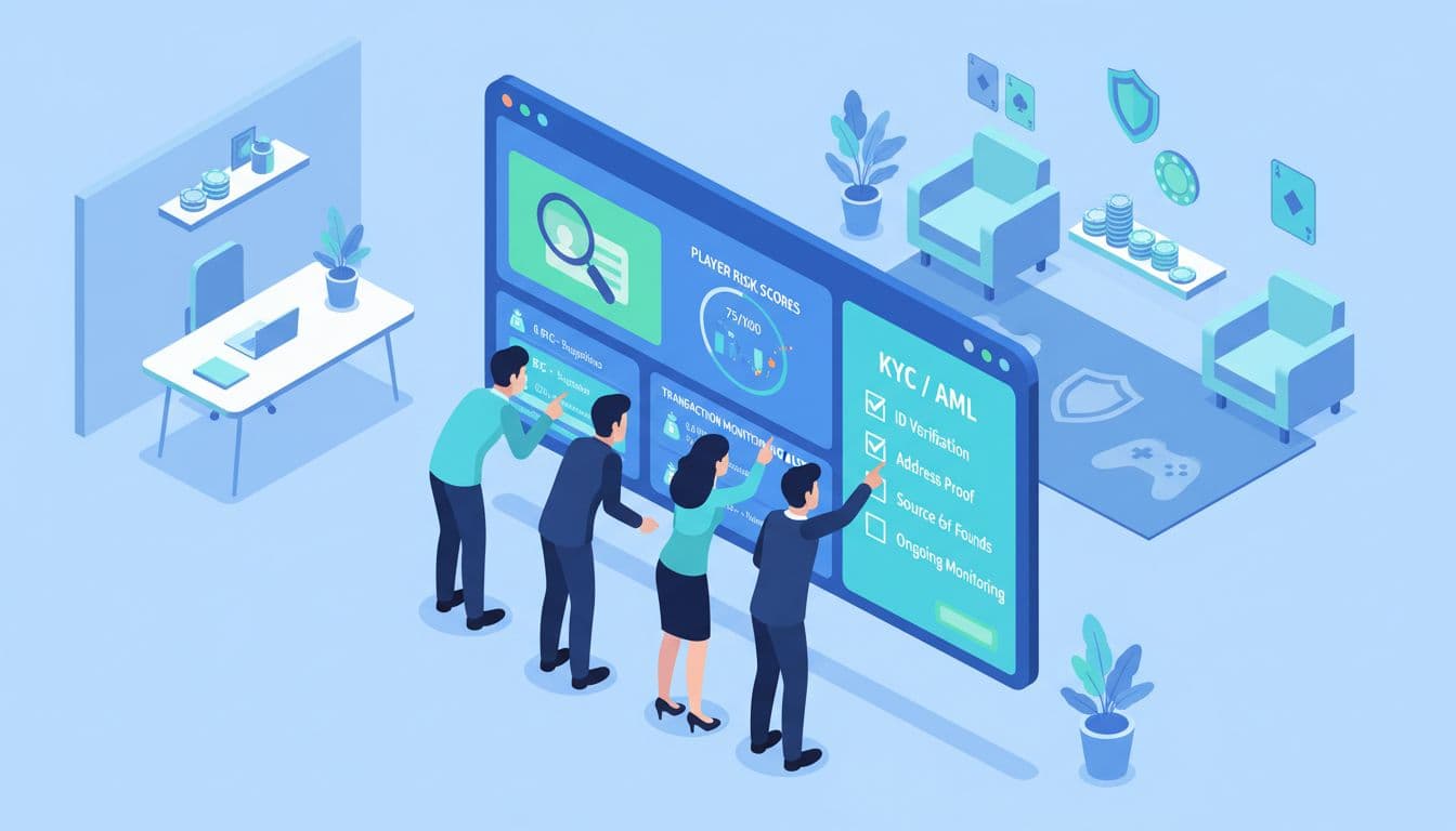 KYC and AML Basics For Small iGaming Operators Without In-House Legal Teams 3 Clean isometric illustration of a small online gaming startup team in a minimal office reviewing a digital dashboard with KYC and AML elements like ID verification, risk scores, transaction alerts, and checklist.