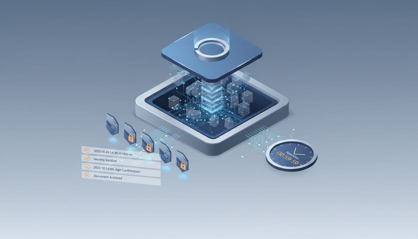 Secure audit vault with timestamped checklist items, encrypted files, and retention timer for iGaming age verification