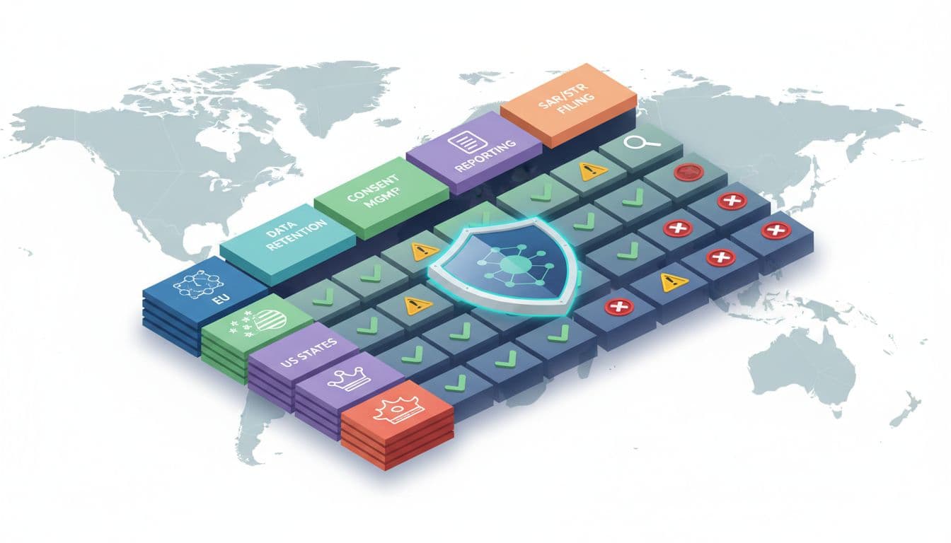 Clean modern vector isometric illustration visualizing jurisdictional controls for player data mapping in iGaming via a color-coded compliance matrix with jurisdictions as stacked cards and regulatory categories, featuring checkmarks, warnings, alerts, and a central shield icon.