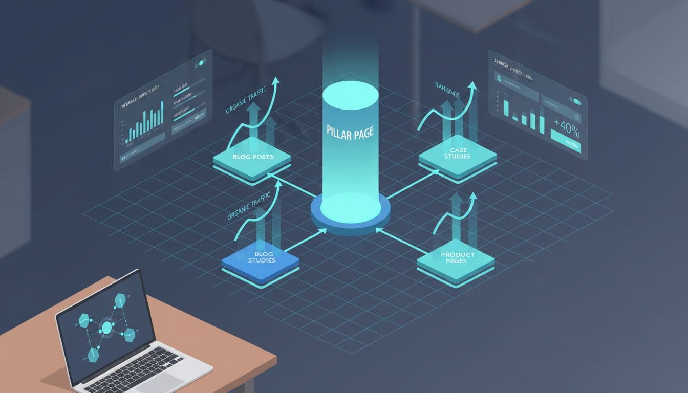 Isometric illustration of a pillar page hub connected to cluster pages showing internal linking and SEO graphs