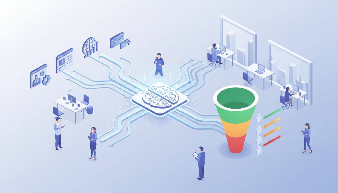 Isometric illustration of data sources flowing into an AI engine that outputs ranked leads with conversion probabilities