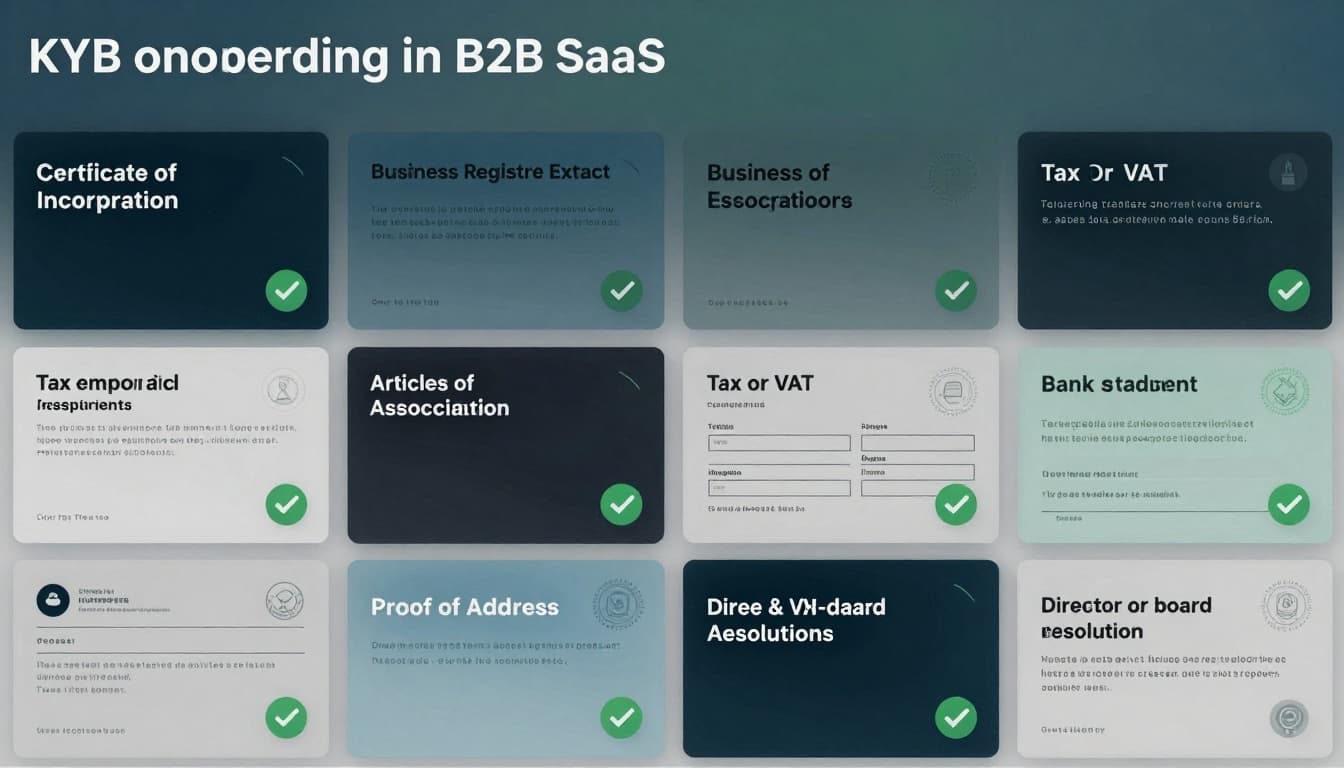 Step-by-step KYB Onboarding Checklist for Business Customers 4 KYB onboarding checklist proof documents grid with document cards and checkmarks for incorporation, registry extract, tax letter, bank statement, proof of address, and director resolution