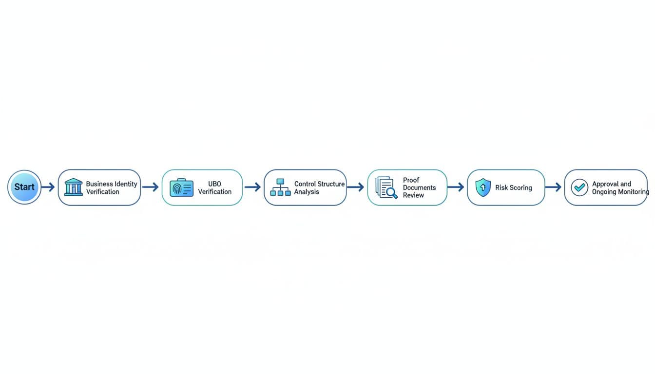 Step-by-step KYB Onboarding Checklist for Business Customers 2 KYB onboarding checklist flow diagram for B2B SaaS with icons for business verification, UBO checks, control analysis, document review, risk scoring, and ongoing monitoring