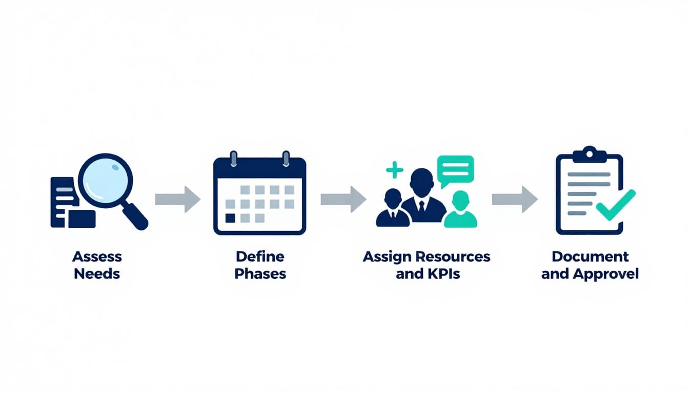 Lifecycle Management Plan: How to Design and Execute One Successfully 3 Clean, professional vector infographic depicting a horizontal flowchart with four key steps to design a lifecycle management plan: Assess Needs, Define Phases, Assign Resources and KPIs, Document and Approve. Features modern corporate colors, icons, arrows, and subtle grid background.