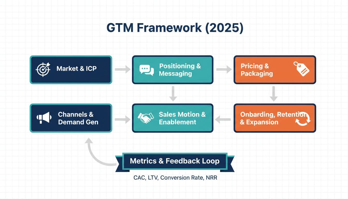 GTM framework diagram showing six connected stages and a metrics feedback loop