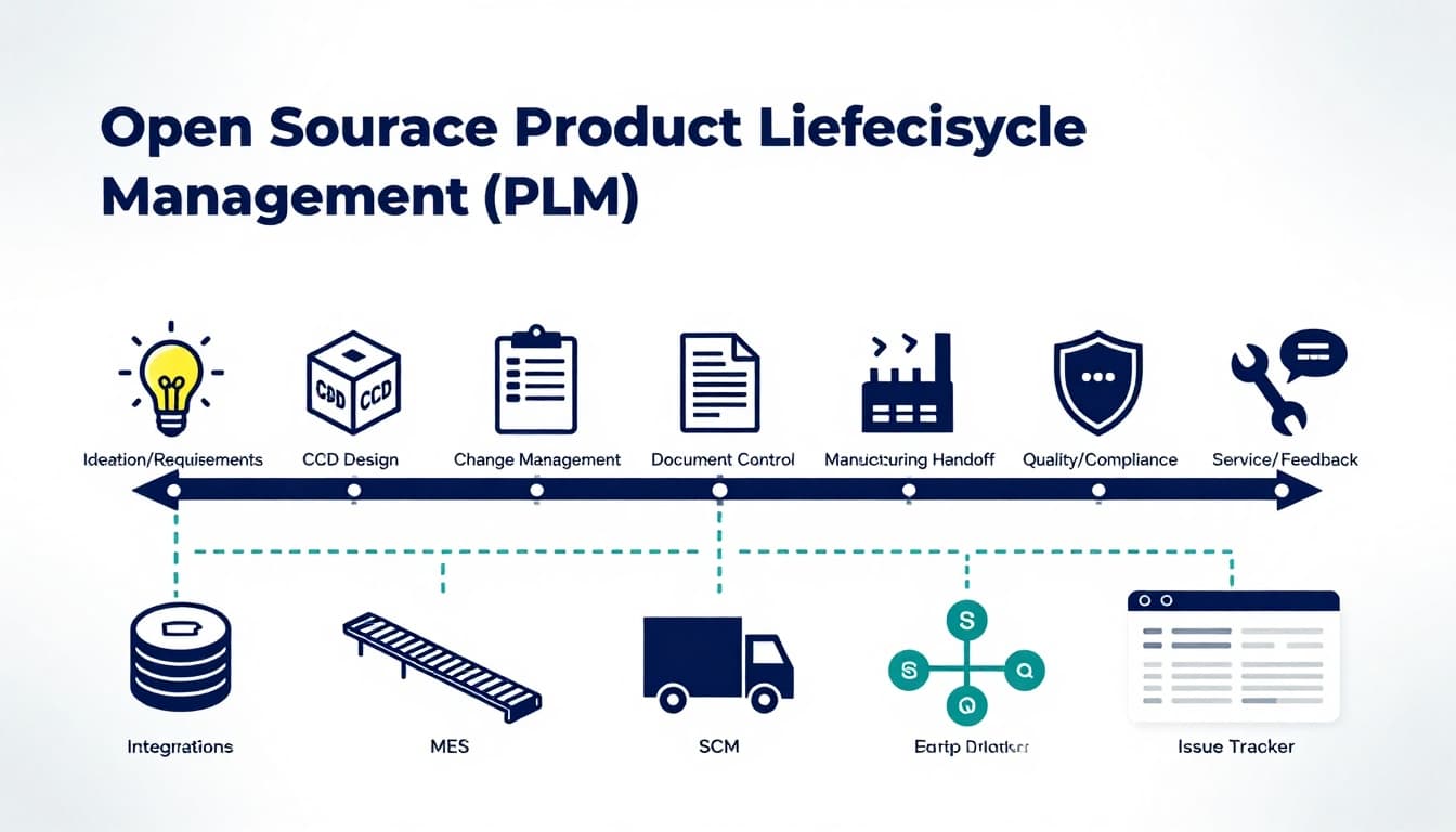 Clean, modern vector infographic depicting the seven stages of an Open Source Product Lifecycle Management workflow, from ideation to service/feedback, with integrations to ERP, MES, SCM, Git, and Issue Tracker.