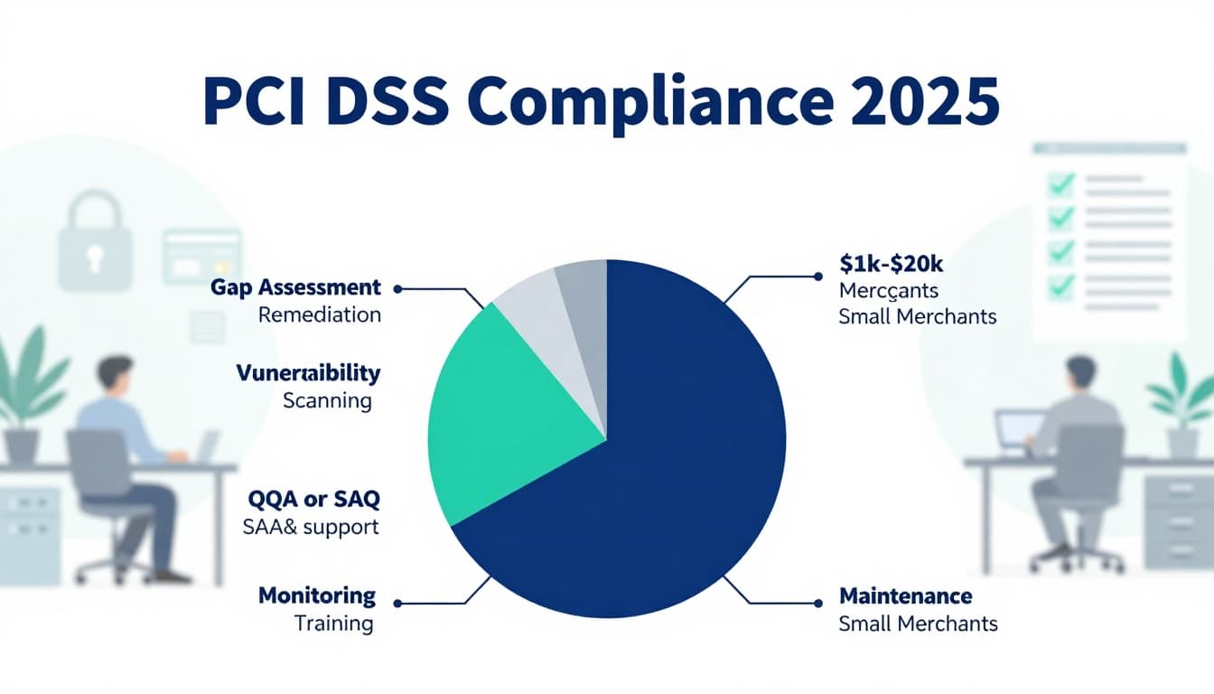 Professional infographic-style illustration detailing PCI DSS compliance costs in 2025, with a central pie chart or stacked bar graph breaking down categories like gap assessment, remediation, vulnerability scanning, penetration testing, QSA/SAQ support, monitoring, training, and maintenance, including approximate dollar ranges for small merchants. Features subtle background icons of locks, credit cards, servers, and checklists in a modern office setting, using flat vector style with muted blue and green tones for a cybersecurity fintech look.